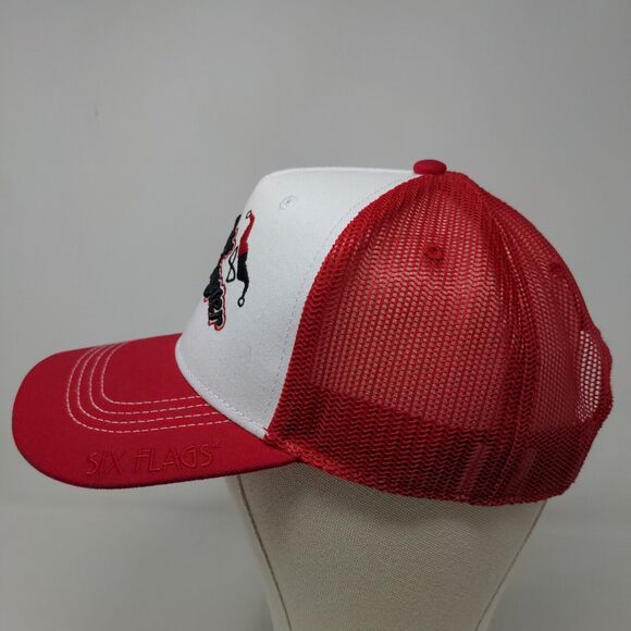 Six Flags Men's Suicide Squad Mesh Back Snapback Hat Red White Harley Quinn - Picture 5 of 13